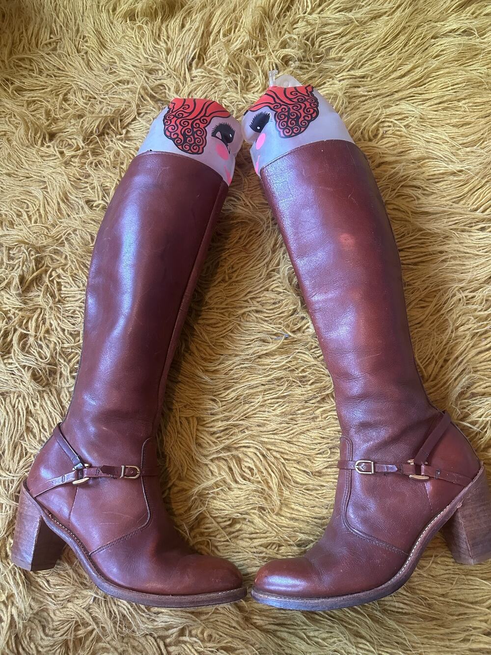1970s 70s vintage harness boots campus gogo brown stack heel 7.5